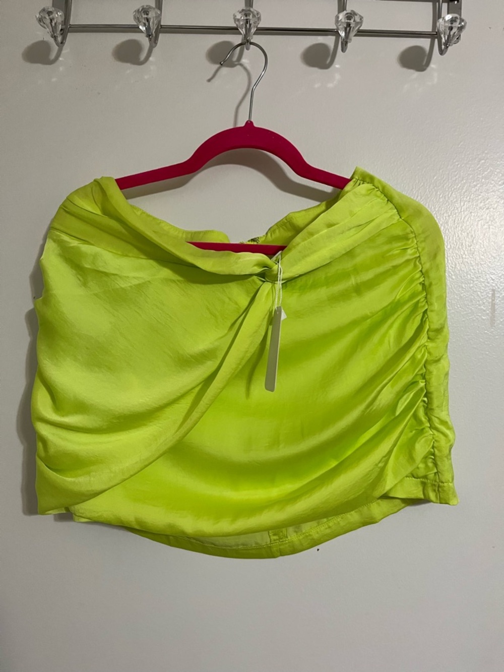 Neon Lime Ruched Satin Mini Skirt, small. NEW